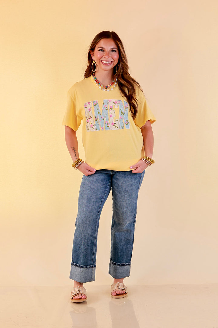 Heaven Sent "Amen" Floral and Pearl Print Short Sleeve Graphic Tee in Butter Yellow