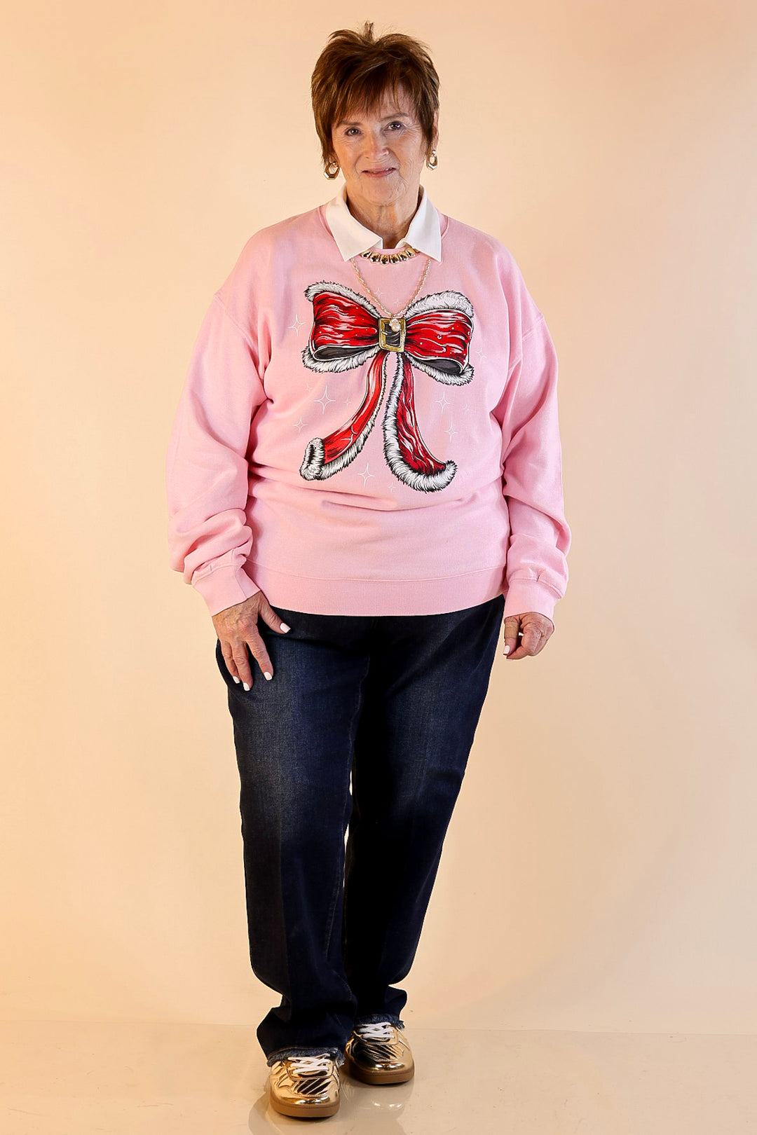 Simply Southern | Wrapped in Joy Santa's Suit Bow Graphic Crewneck Sweatshirt in Tutu Pink