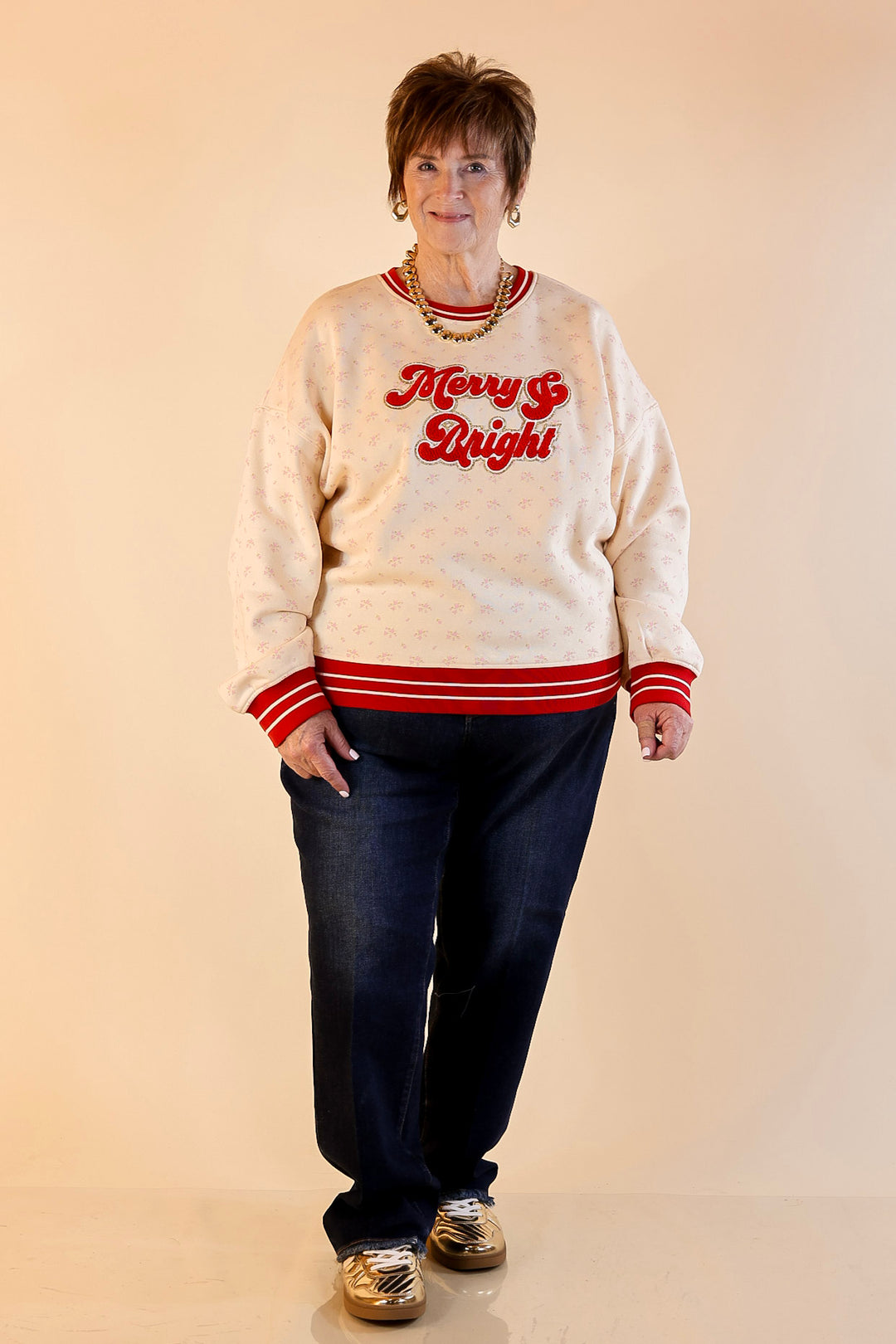Simply Southern | Holiday Cheer Club Merry & Bright Floral Varsity Sweatshirt in Ivory