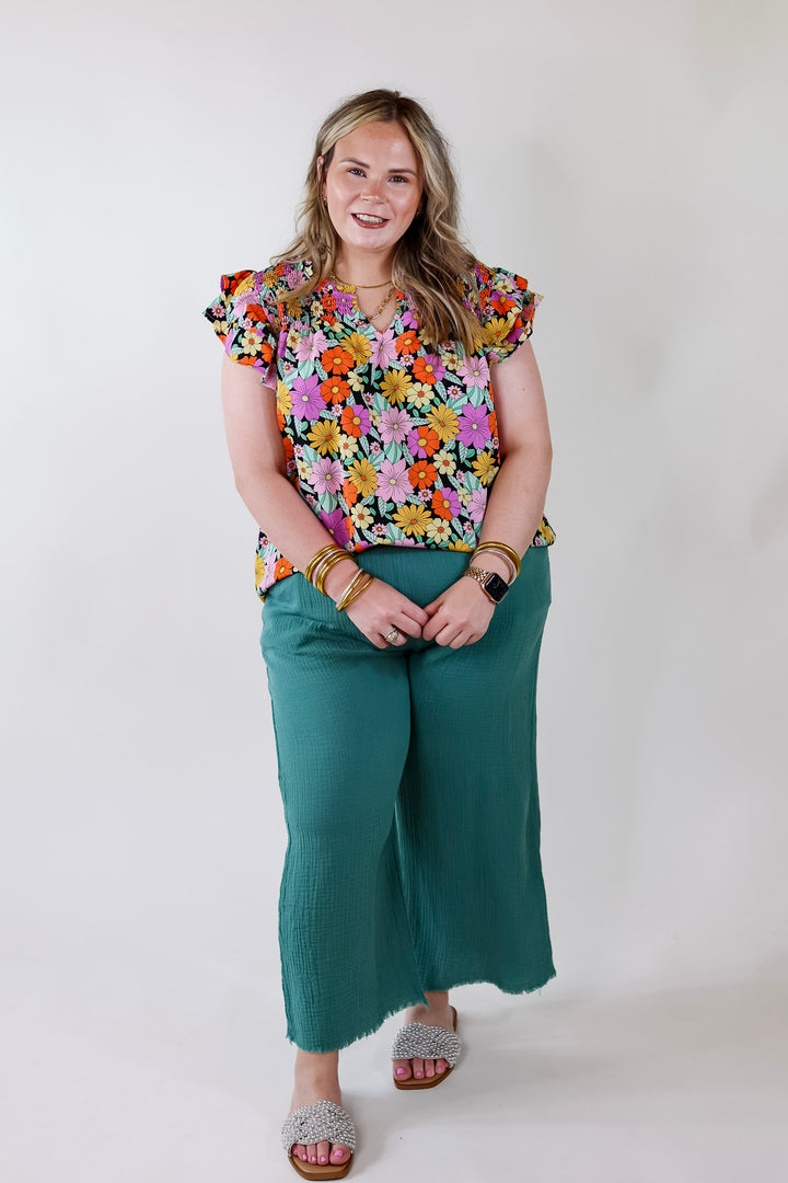 Pretty Days Floral Notched Neckline Top in Black - Giddy Up Glamour Boutique