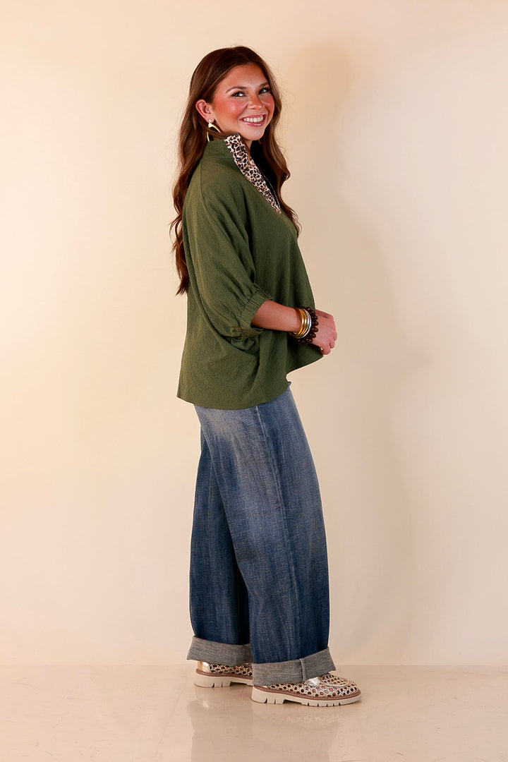 Naturally Chic Textured Poncho Top with Leopard Trim Details and Dolman Sleeves in Olive Green