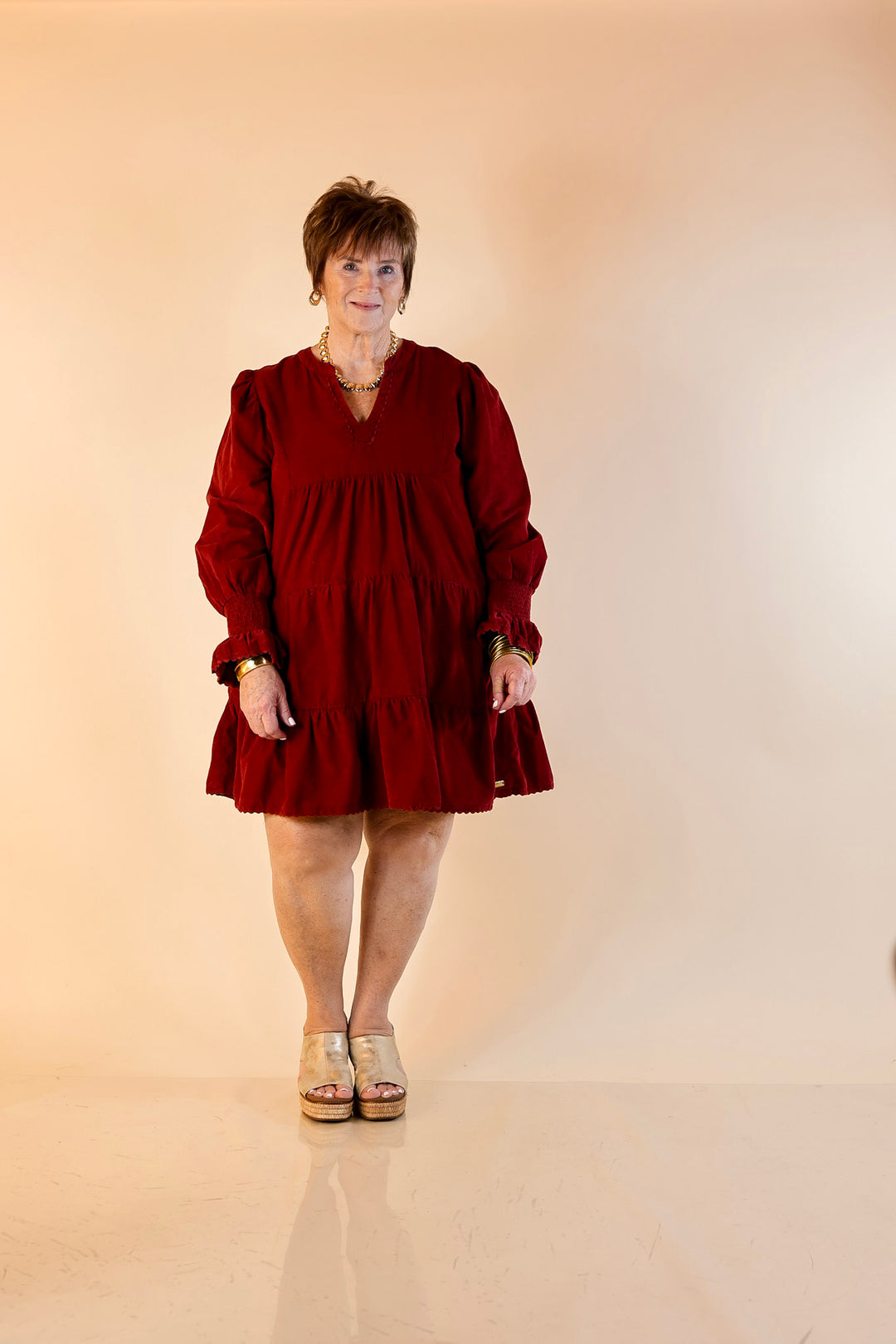 Simply Southern | Made for Today Long Sleeve Tiered Corduroy Dress in Burgundy