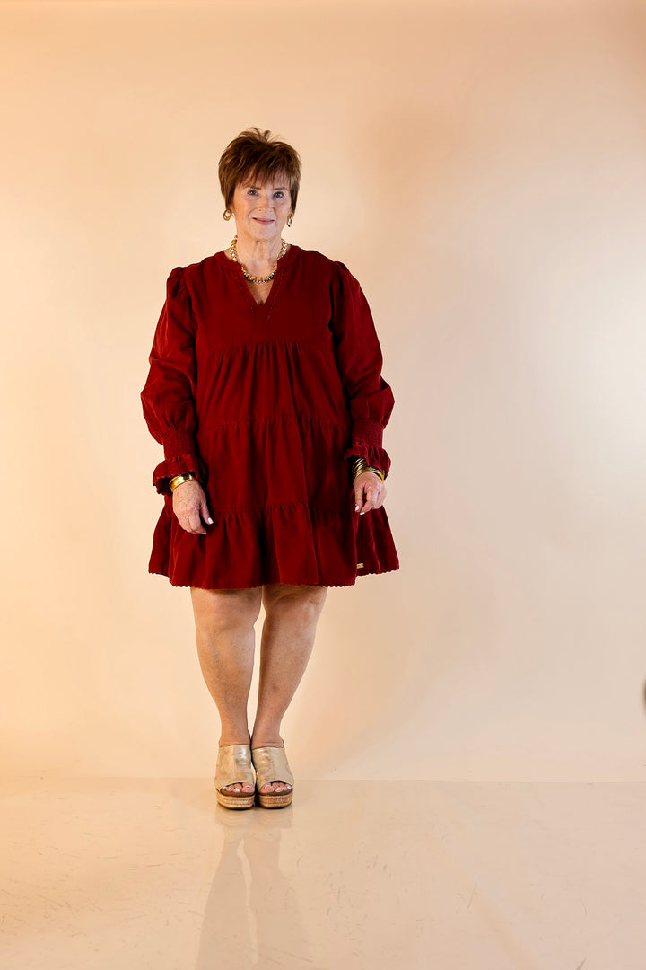 Simply Southern | Made for Today Long Sleeve Tiered Corduroy Dress in Burgundy