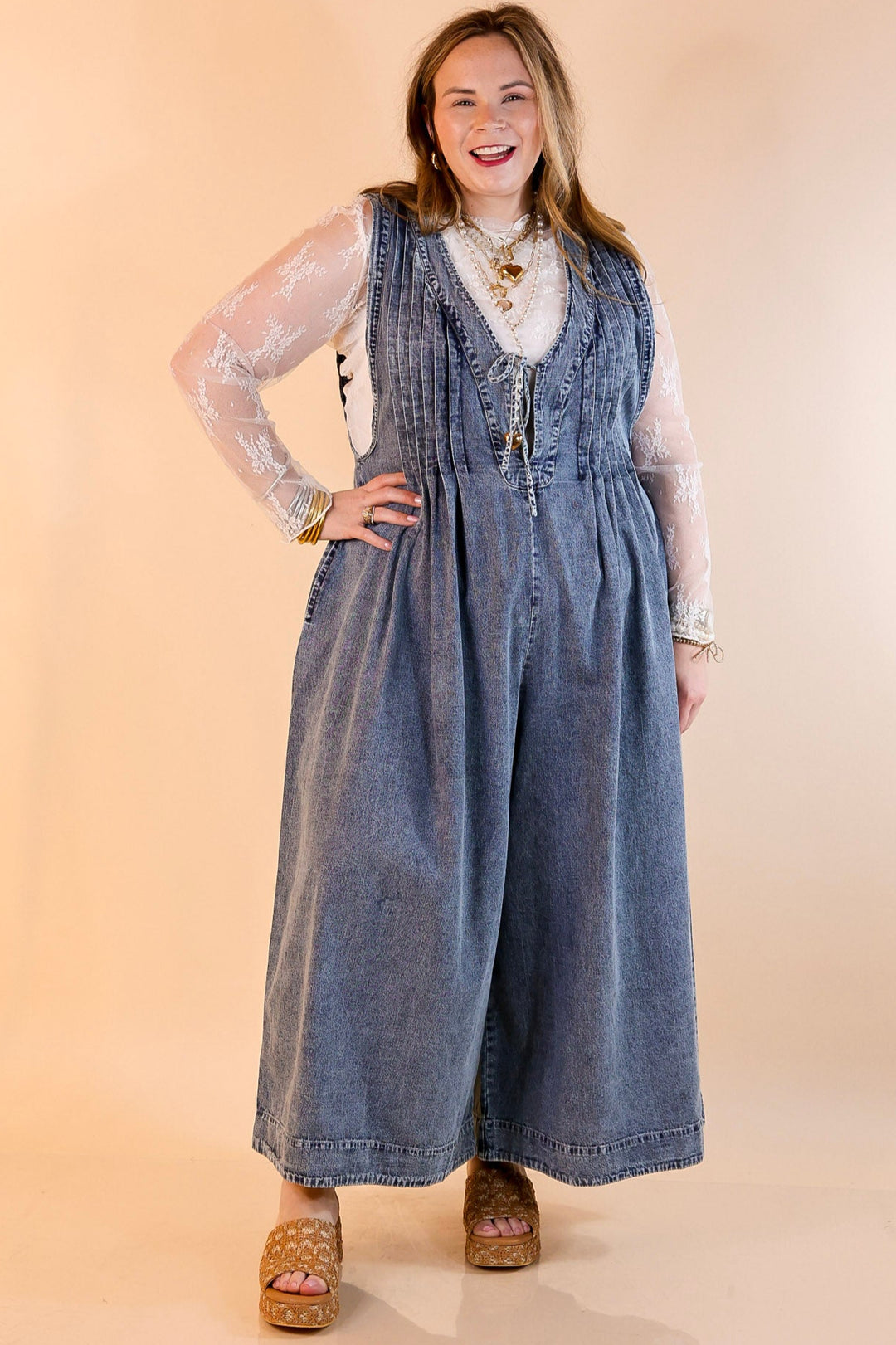 Breezy Beauty Wide Leg Denim Jumpsuit with Pockets