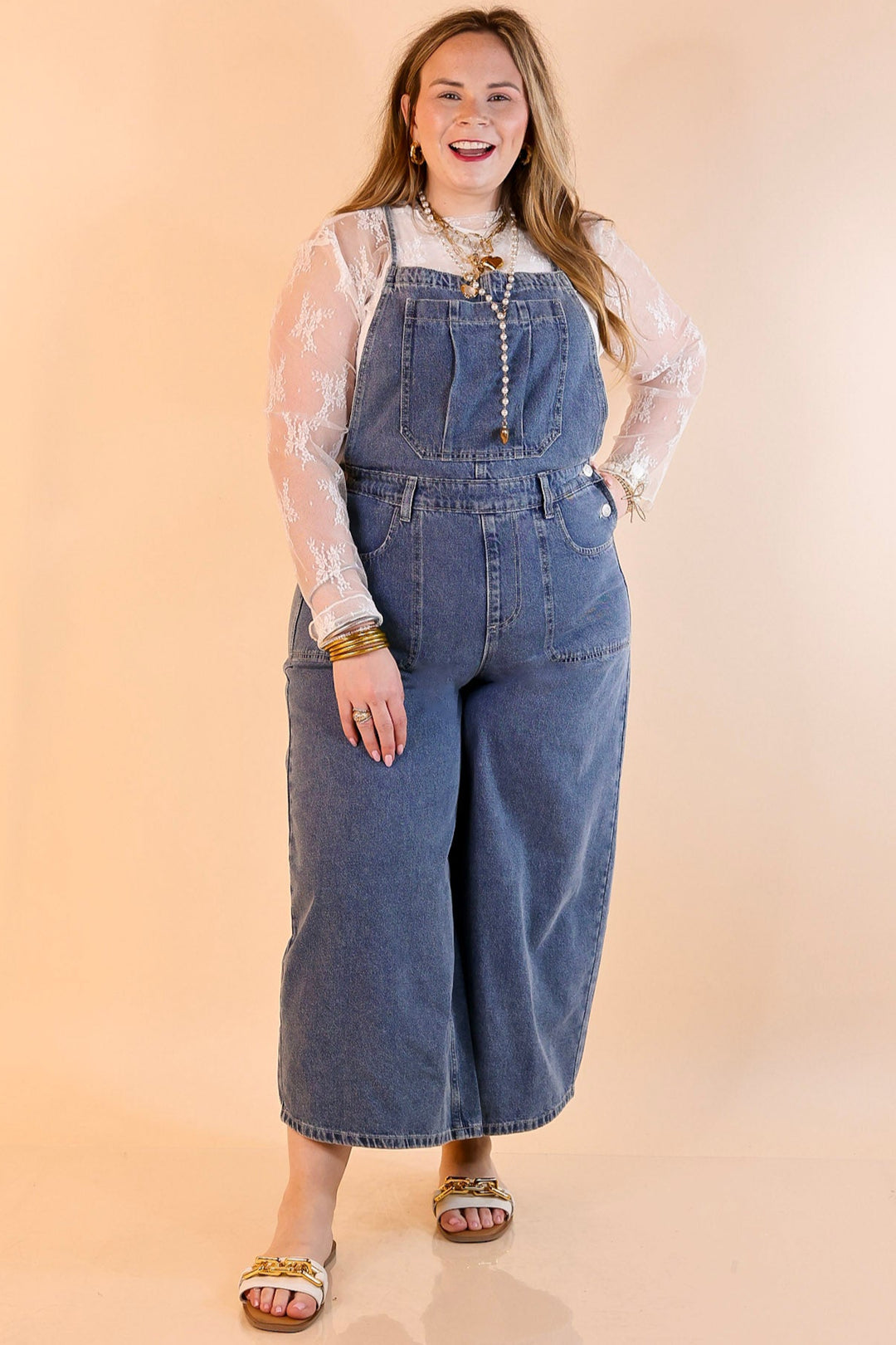 True Classic Wide Leg Denim Overalls in Medium Wash