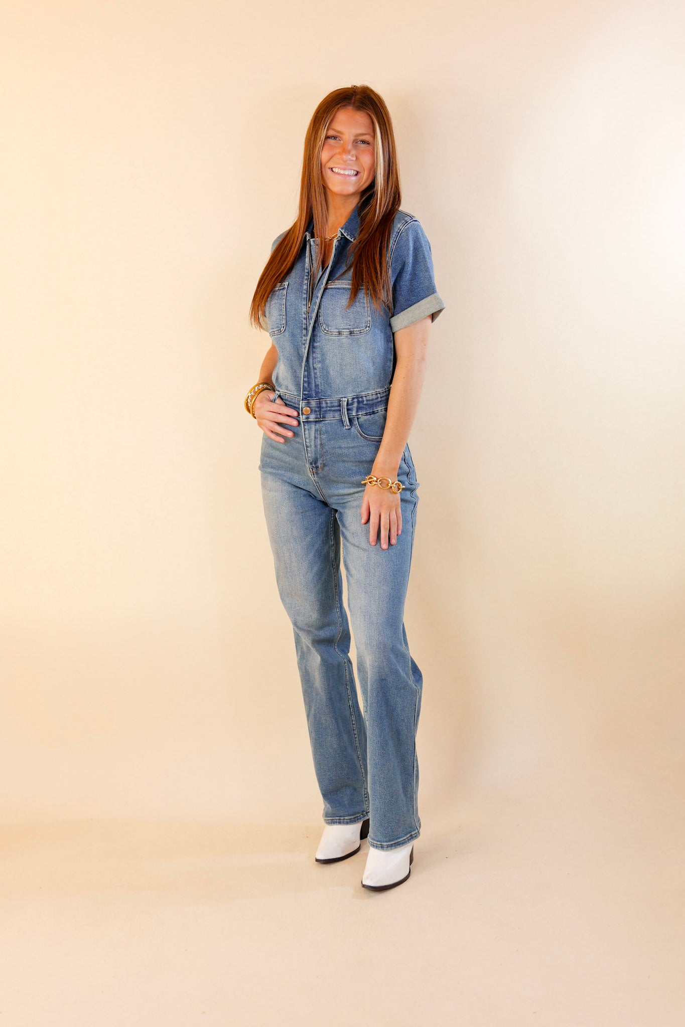 Judy Blue | New To The City Short Sleeve Denim Jumpsuit in Medium Wash