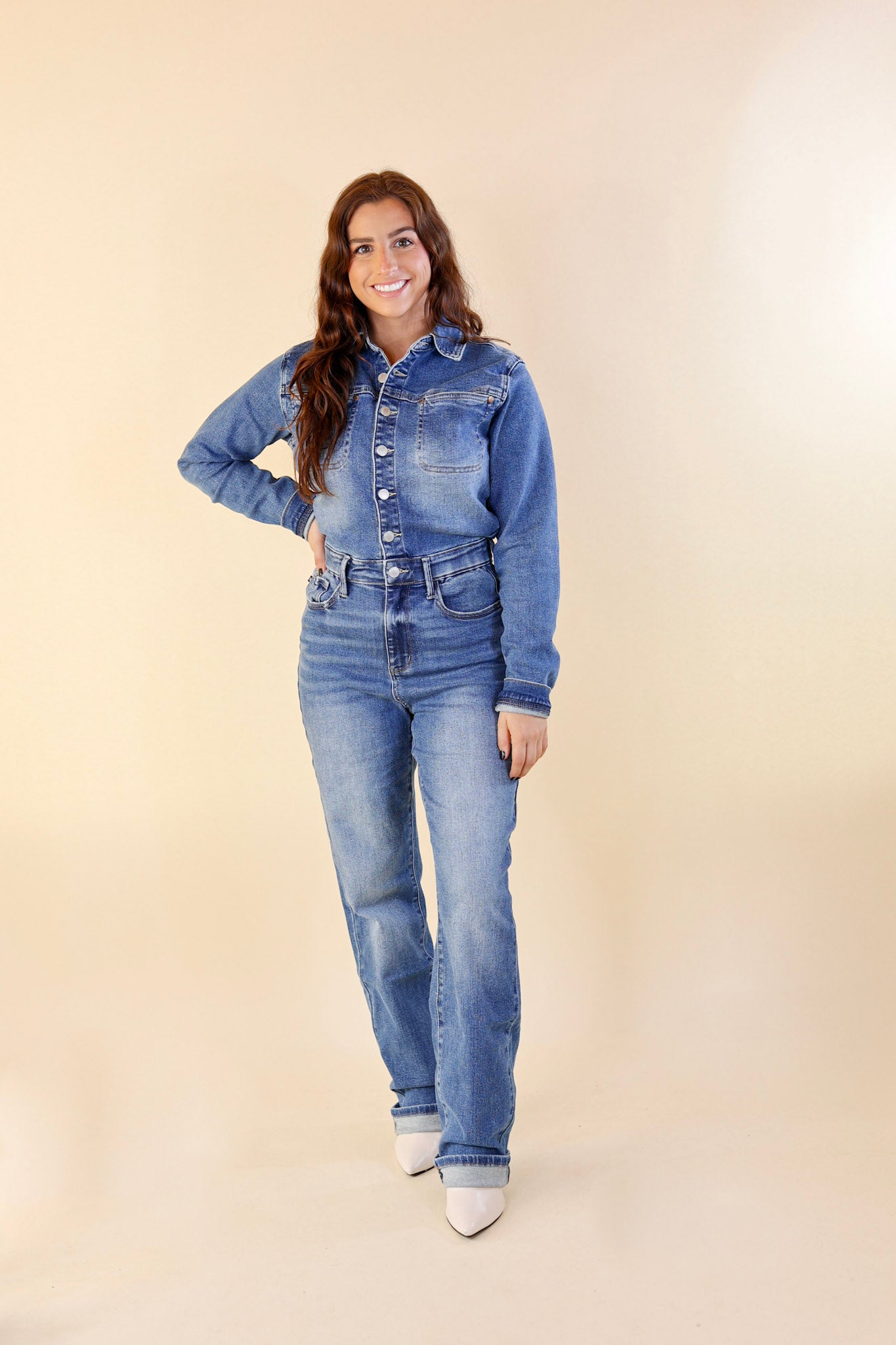 Judy Blue | Not Your Concern Long Sleeve Denim Jumpsuit in Medium Wash - Giddy Up Glamour Boutique