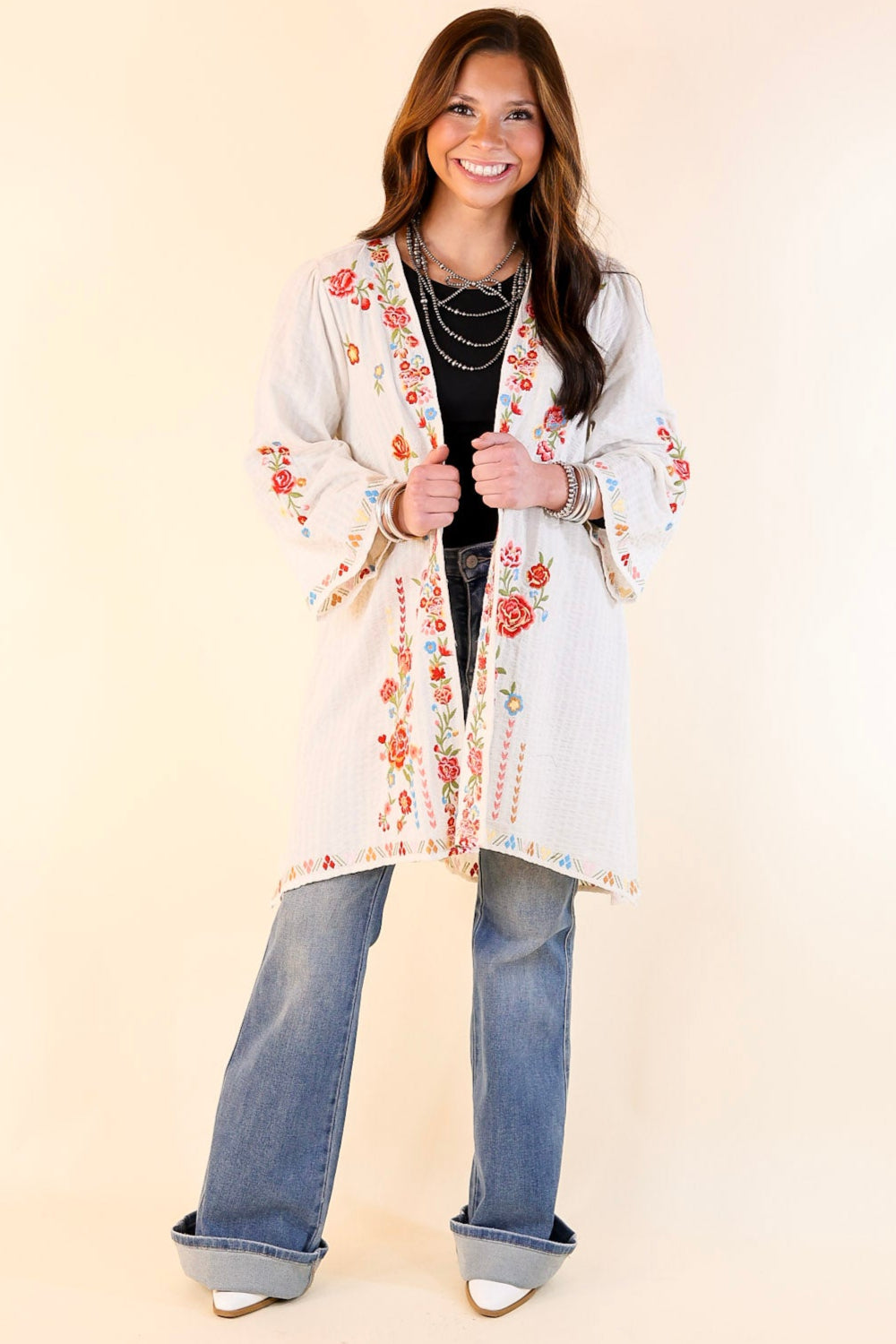 Enchanting Escapes Floral Embroidered 3/4 Sleeve Kimono in Ivory