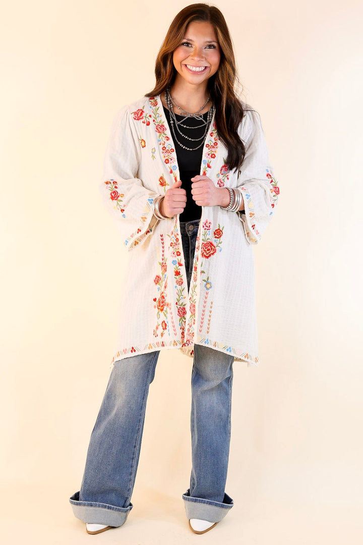 Enchanting Escapes Floral Embroidered 3/4 Sleeve Kimono in Ivory