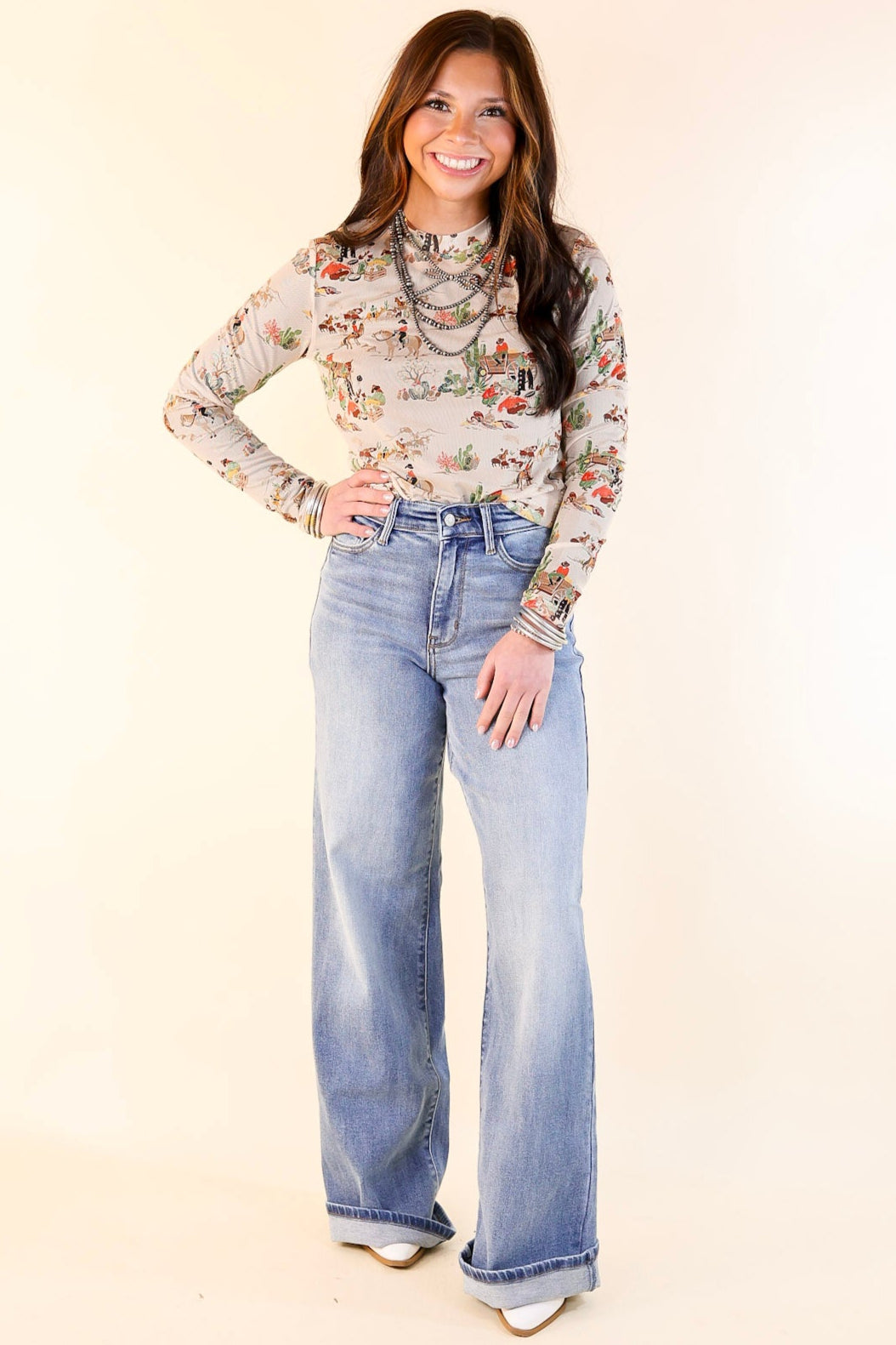 Western Dream Mesh Long Sleeve Top with Retro Western Print in Tan