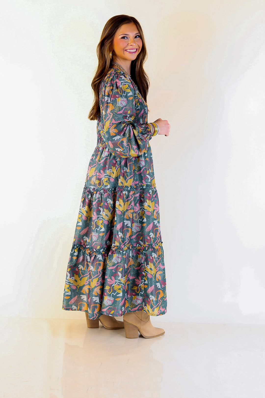 Mud Pie | Shaffer Smocked Bodice Long Sleeve Midi Dress with Tiered Skirt in Blue Mix