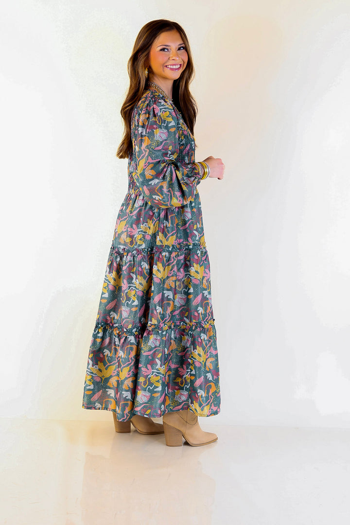 Mud Pie | Shaffer Smocked Bodice Long Sleeve Midi Dress with Tiered Skirt in Blue Mix