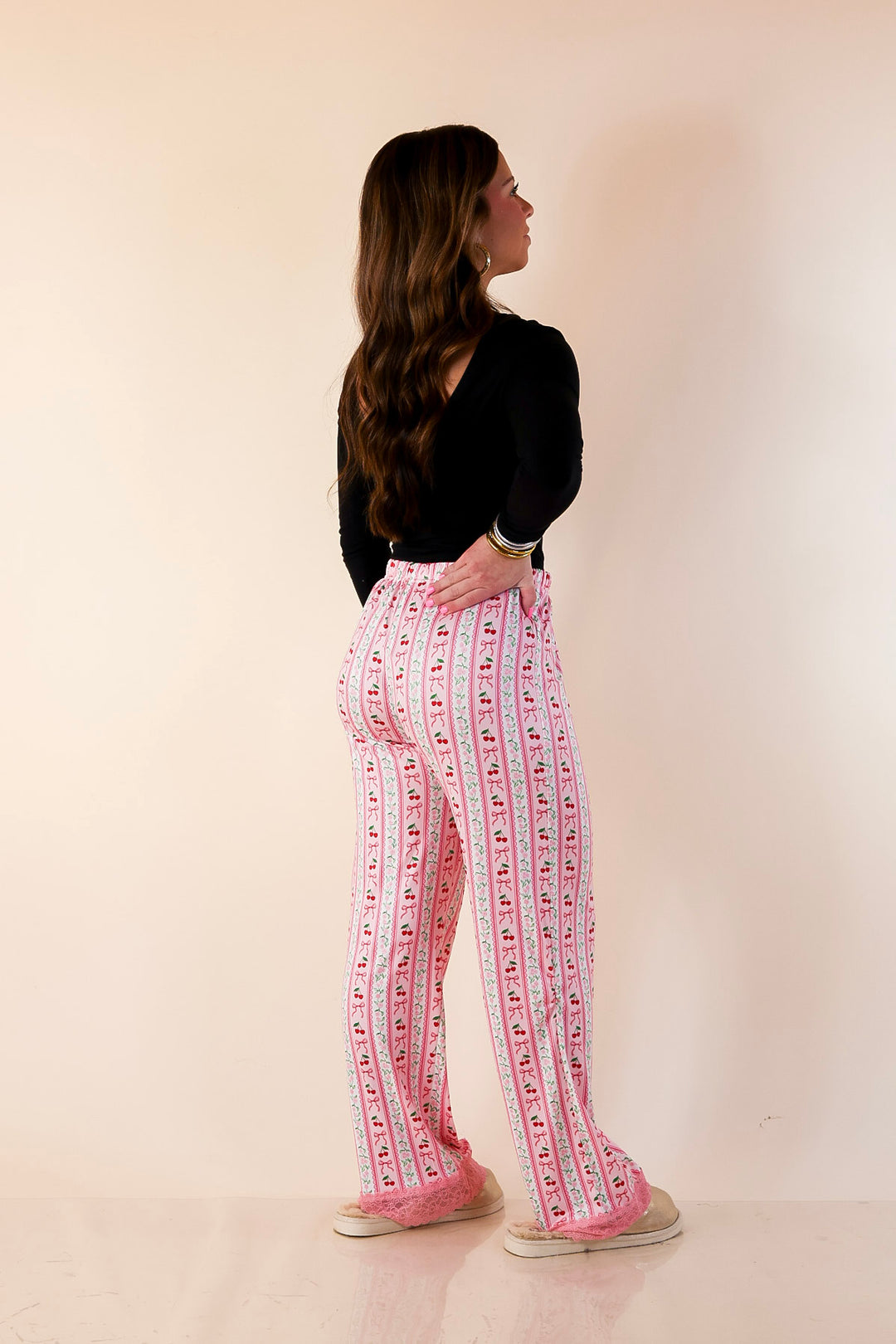 Simply Southern | Snooze in Style Cherry Print Long Pajama Pants Drawstring Waist in Pink