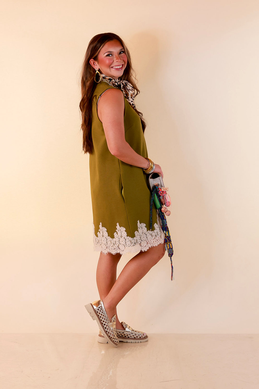 Just a Little Something Sleeveless Knit Mini Dress with Lace Trim in Chartreuse Olive Green