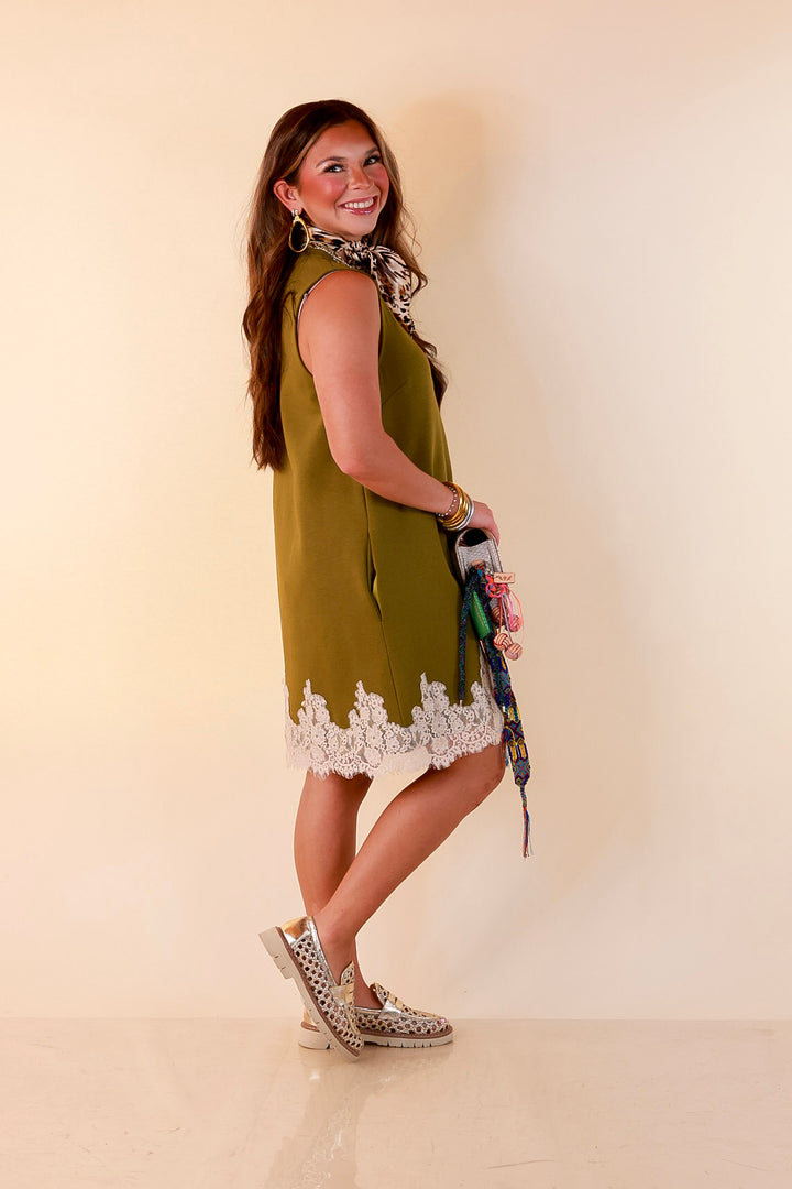 Just a Little Something Sleeveless Knit Mini Dress with Lace Trim in Chartreuse Olive Green