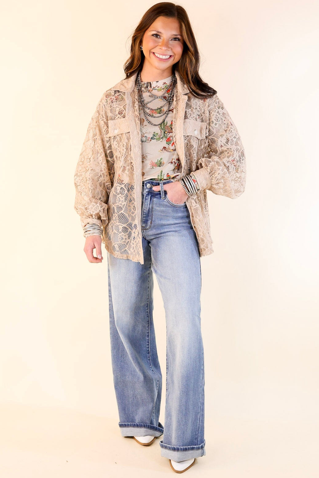 Sheer Chic Collared Button Up Lace Top in Taupe