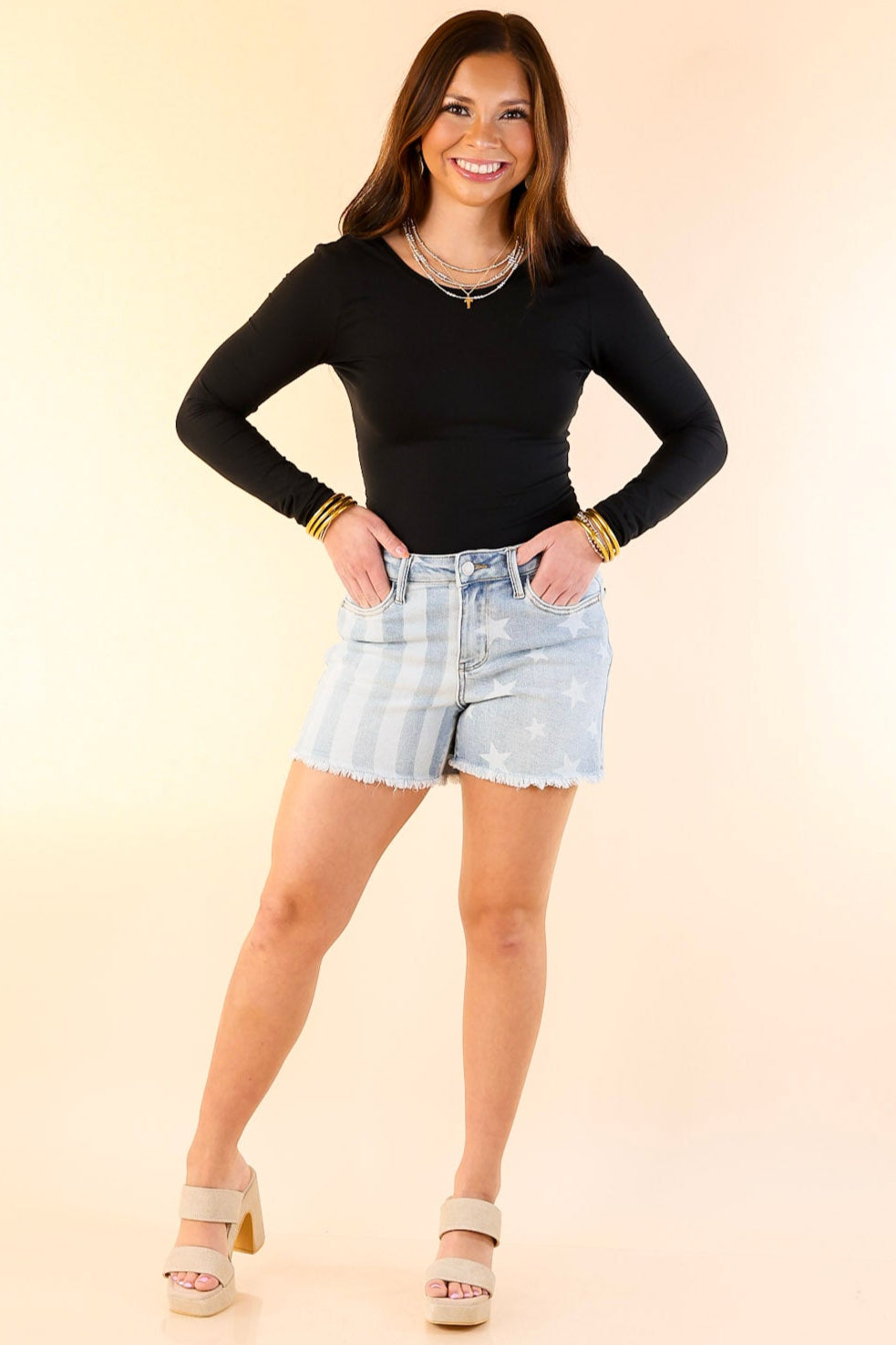 Judy Blue | All American Fray Hem Shorts with Bleached Stars and Stripes Design in Light Wash