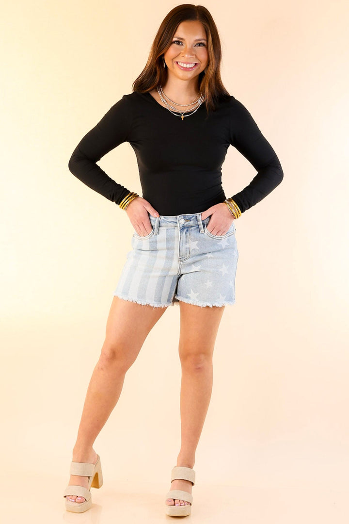 Judy Blue | All American Fray Hem Shorts with Bleached Stars and Stripes Design in Light Wash