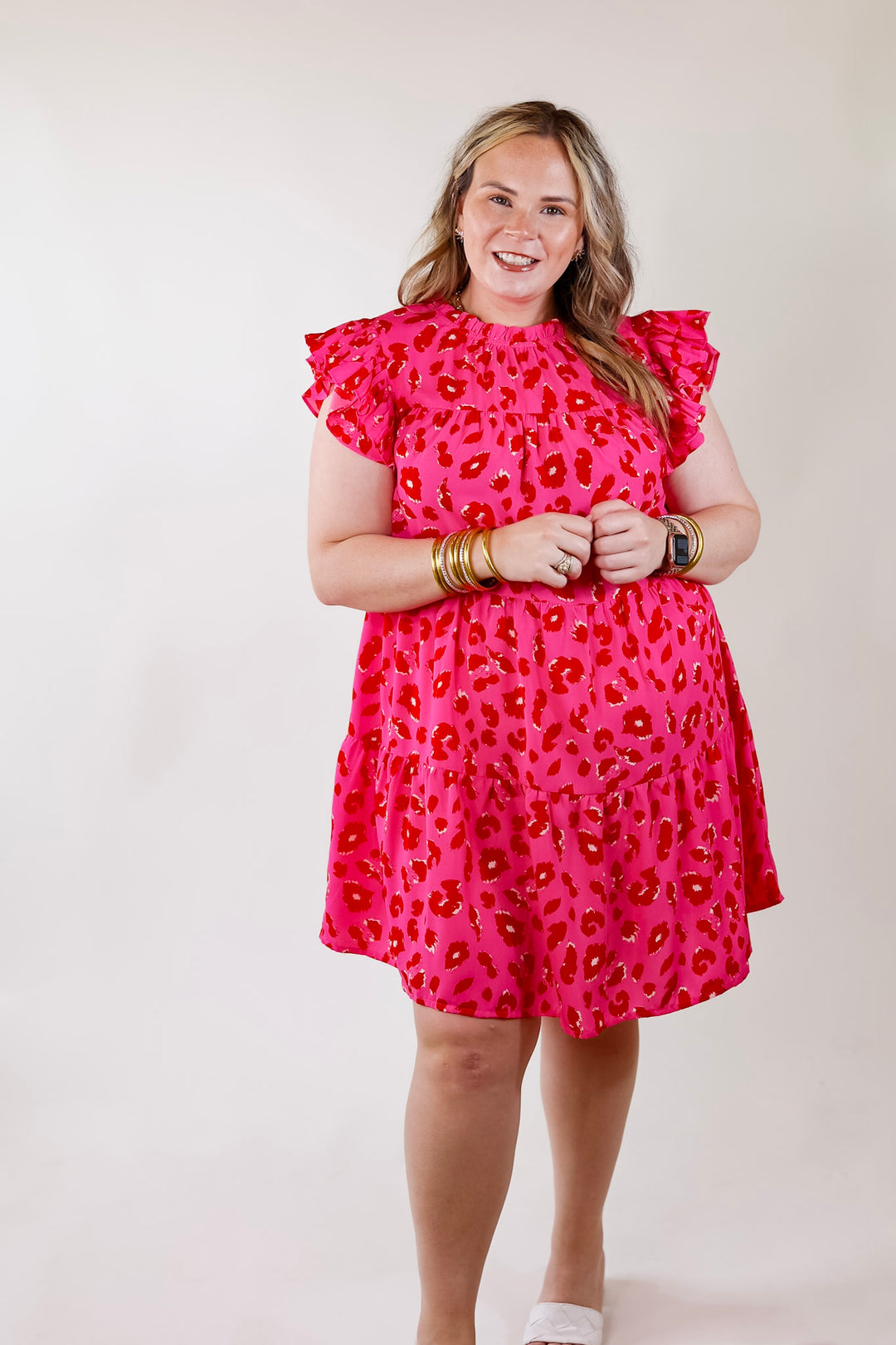 Daring and Delightful Leopard Print Dress with Ruffle Cap Sleeves in Pink - Giddy Up Glamour Boutique