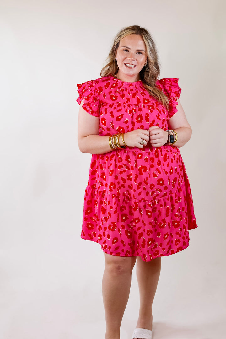 Daring and Delightful Leopard Print Dress with Ruffle Cap Sleeves in Pink - Giddy Up Glamour Boutique