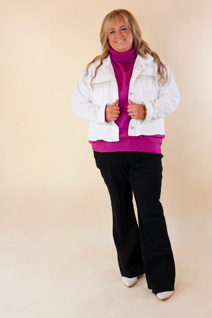 Made To Shine Crystal Fringe Pocket Cropped Corduroy Jacket in White - Giddy Up Glamour Boutique