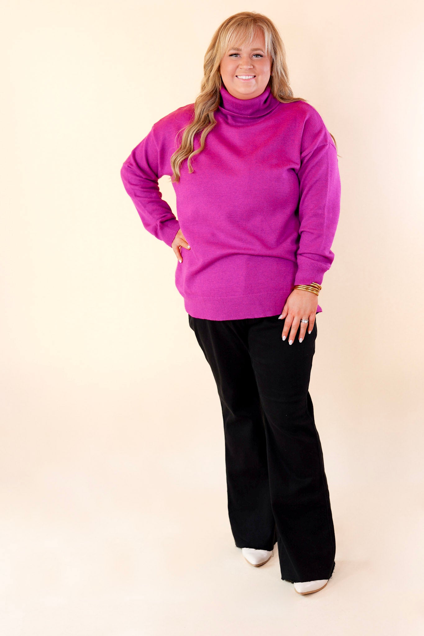 Chilly Days Ahead Turtle Neck Sweater with Long Sleeves in Magenta - Giddy Up Glamour Boutique