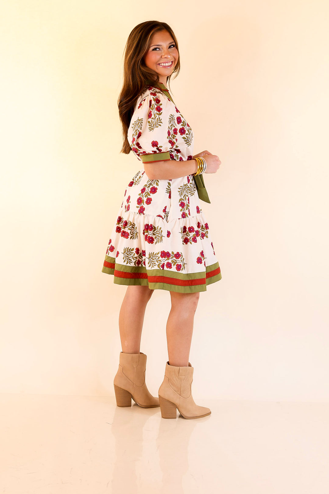 Garden Party Floral Dress with Dropped Skirt and Olive and Maroon Trim in Cream