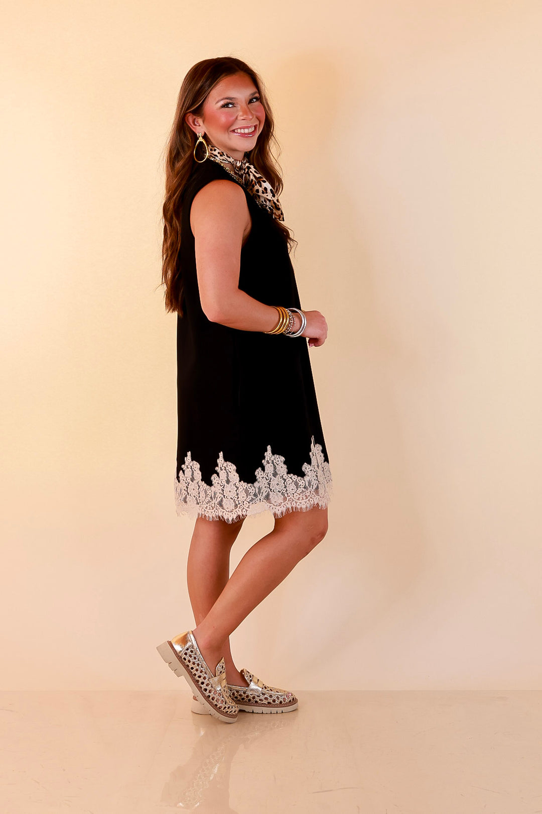 Just a Little Something Sleeveless Knit Mini Dress with Lace Trim in Black