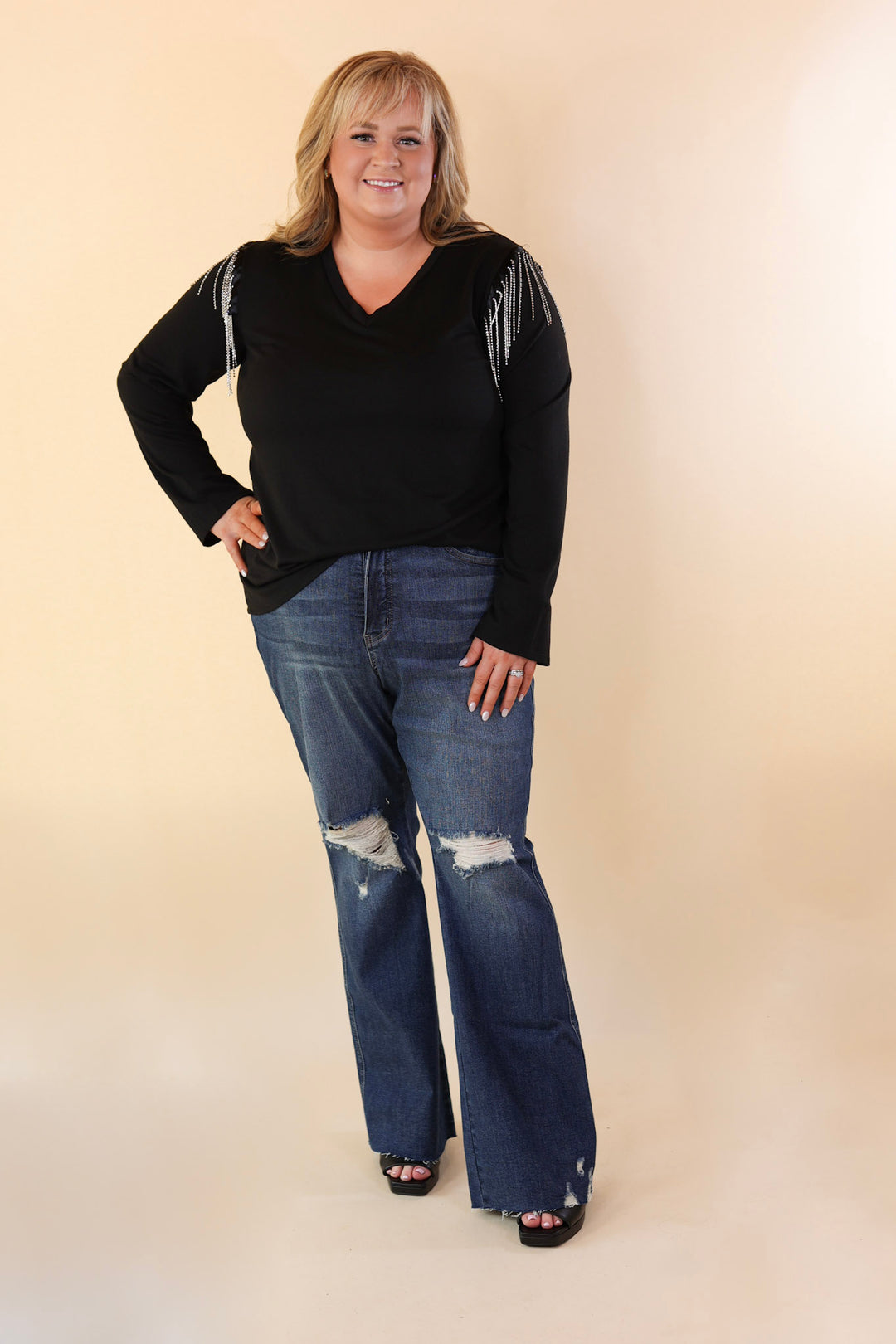 Party Dreams Long Sleeve V Neck Top with Crystal Fringe Shoulders in Black - Giddy Up Glamour Boutique