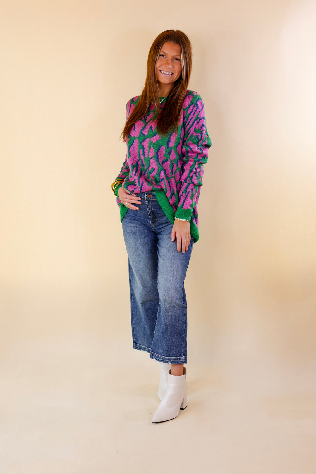 No Hesitation Animal Print Long Sleeve Sweater in Green and Purple - Giddy Up Glamour Boutique