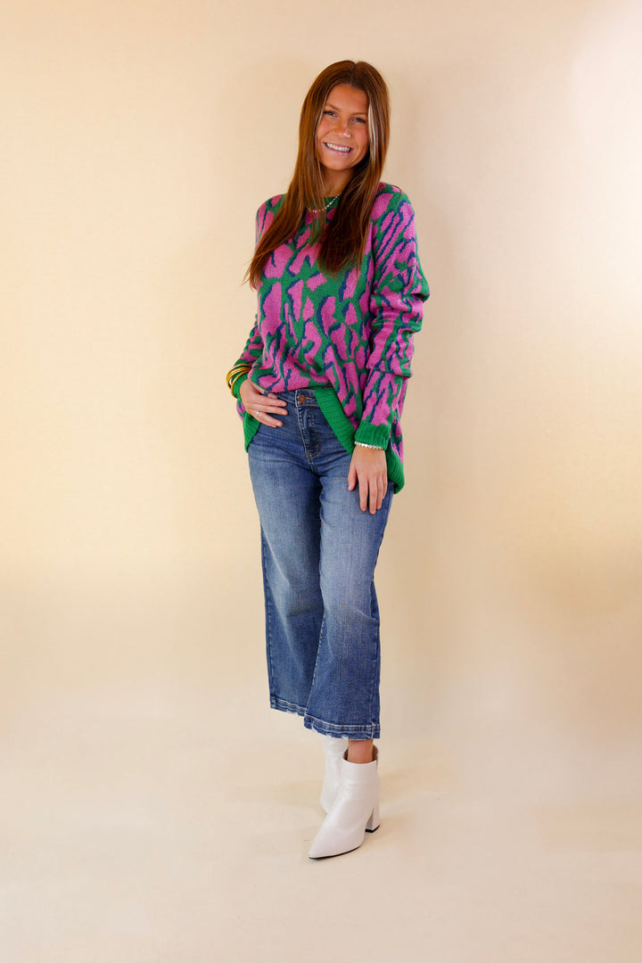 No Hesitation Animal Print Long Sleeve Sweater in Green and Purple - Giddy Up Glamour Boutique