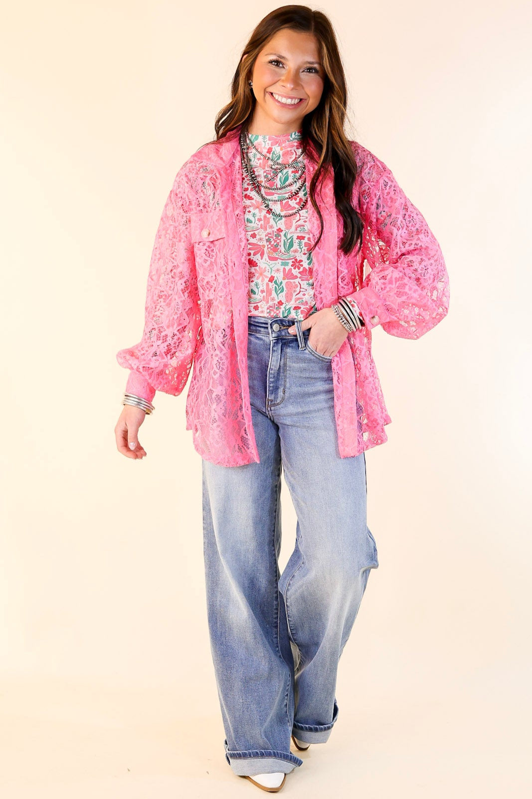 Sheer Chic Collared Button Up Lace Top in Pink Cosmos