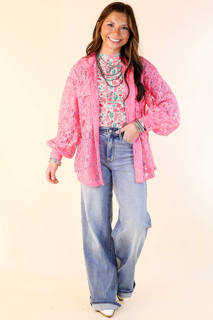 Sheer Chic Collared Button Up Lace Top in Pink Cosmos