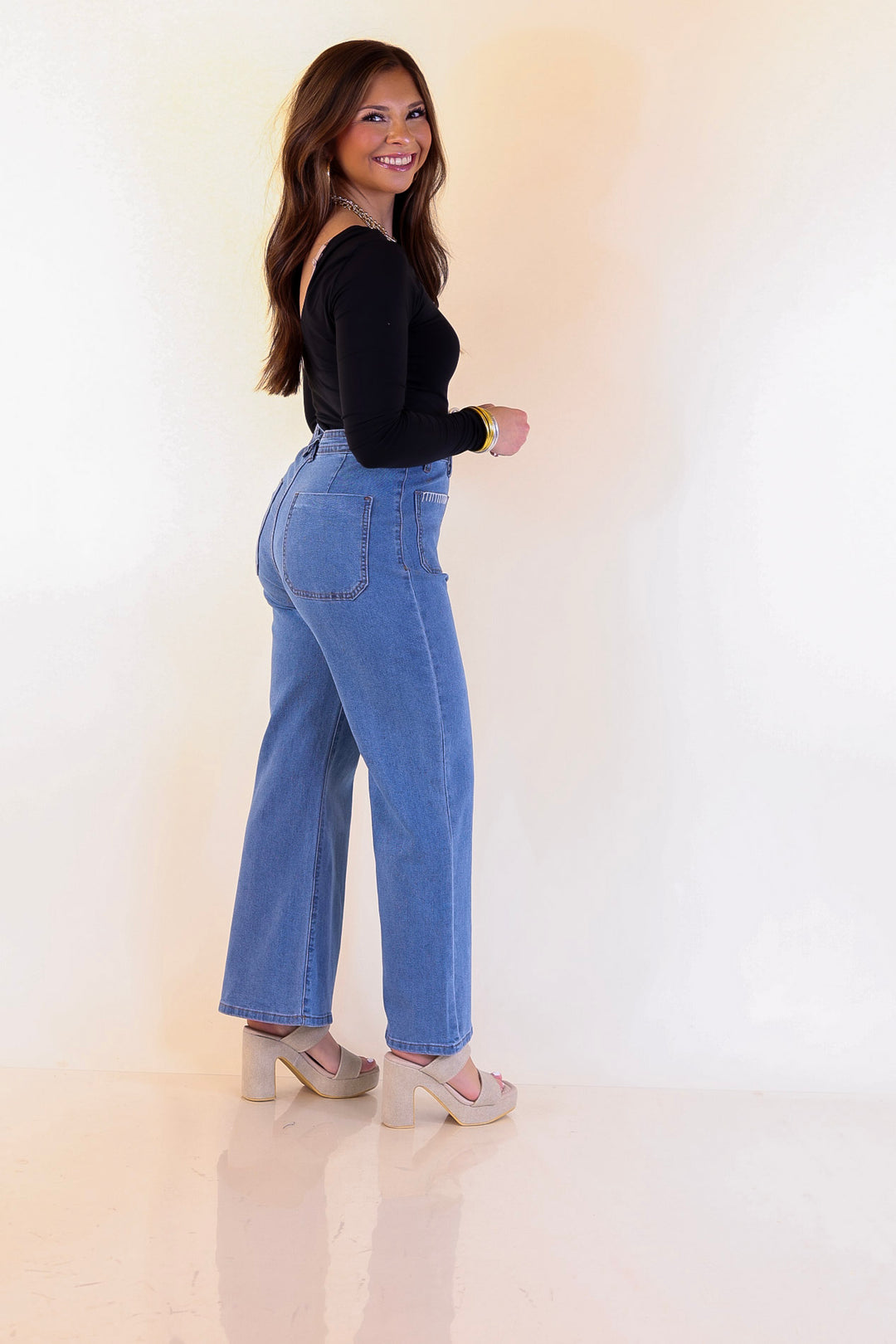 Patch Me In Denim Wide Leg Cropped Jean with Front Patch Pocket and Crochet Trim in Medium Wash