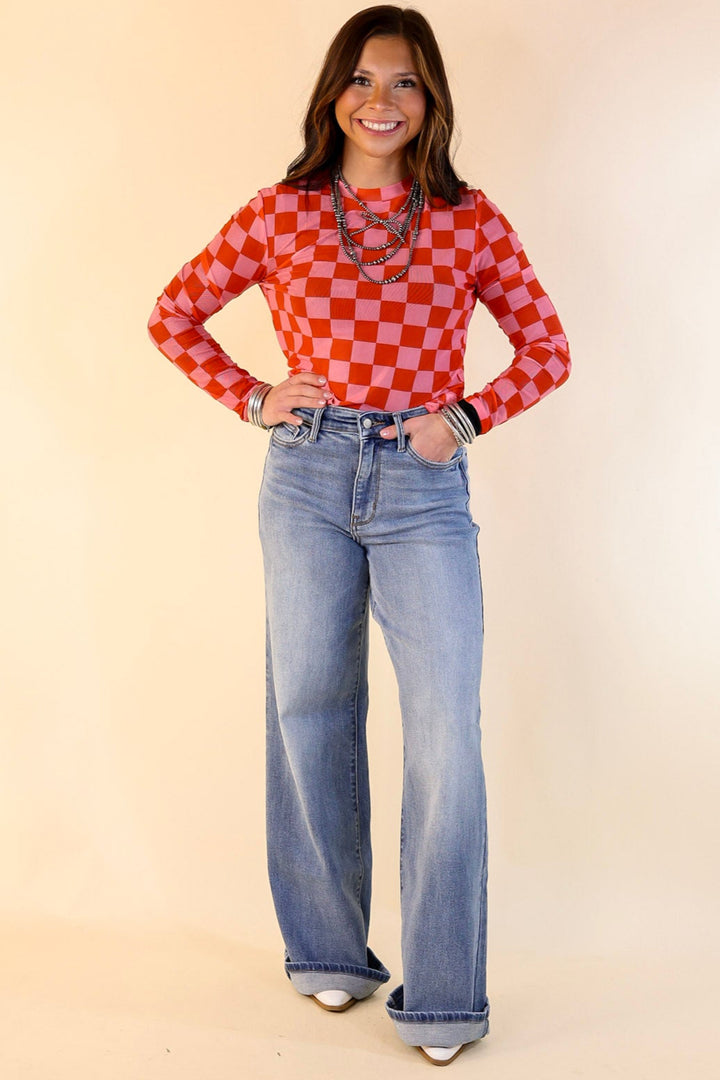 Western Dream Checkered Mesh Long Sleeve Top in Pink and Red