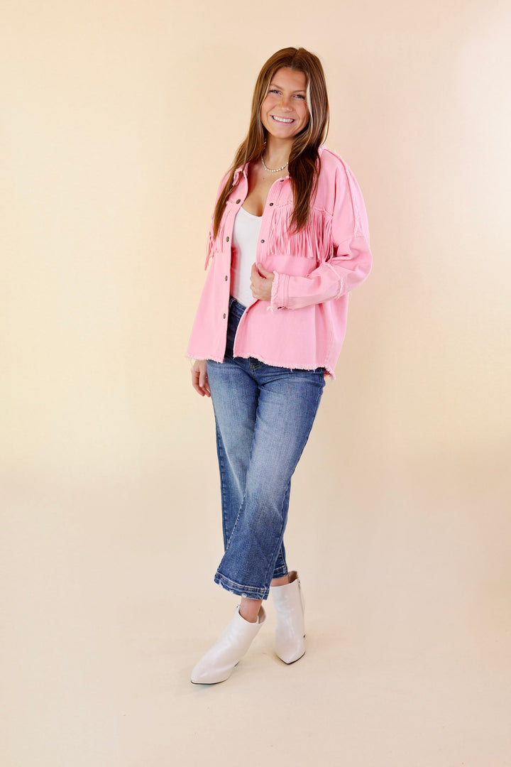 Not A Secret Fringe Button Up Jacket with Raw Hem in Electric Pink - Giddy Up Glamour Boutique