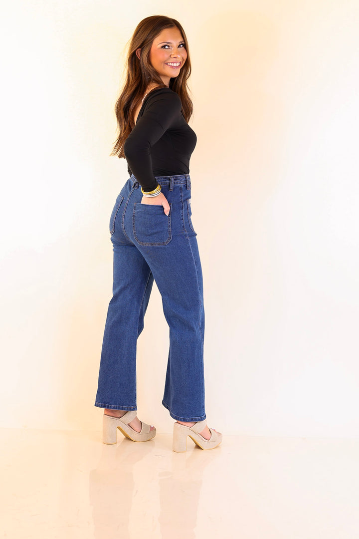 Patch Me In Denim Wide Leg Cropped Jean with Front Patch Pocket and Crochet Trim in Dark Wash