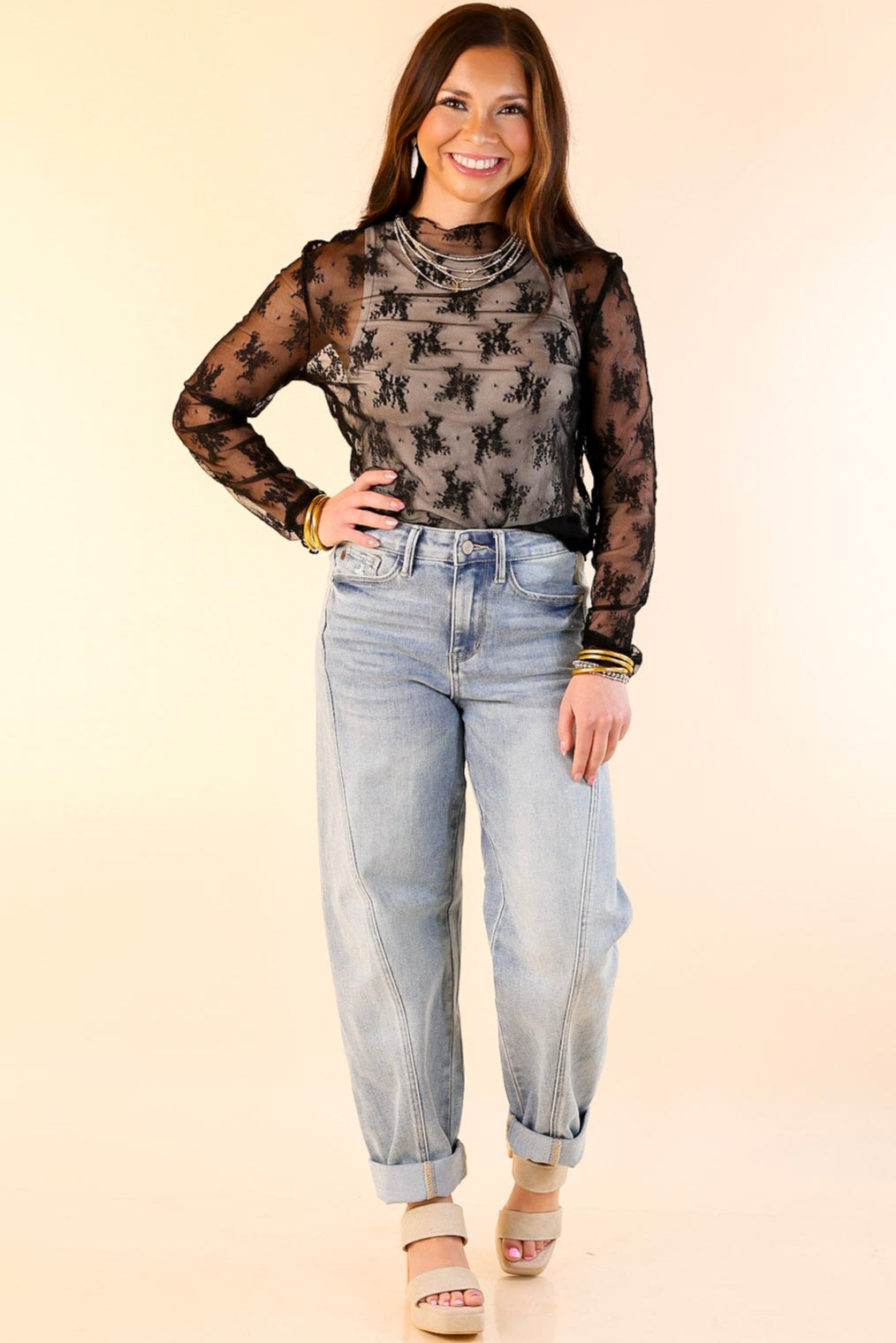 Delicate Charm Long Sleeve Sheer Lace Top with Mock Neck in Black