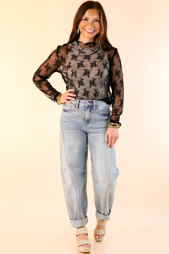 Delicate Charm Long Sleeve Sheer Lace Top with Mock Neck in Black
