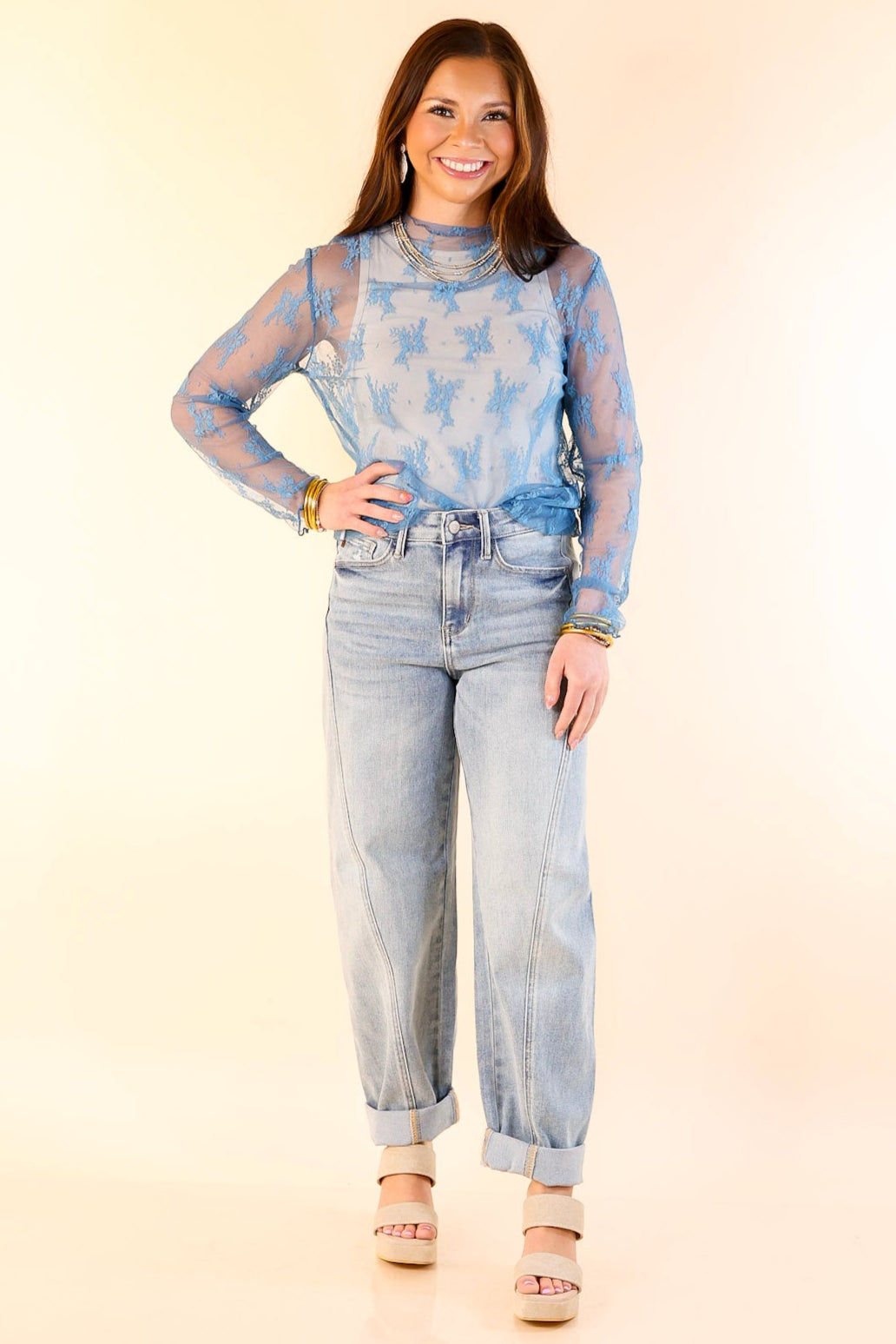 Delicate Charm Long Sleeve Sheer Lace Top with Mock Neck in Blue