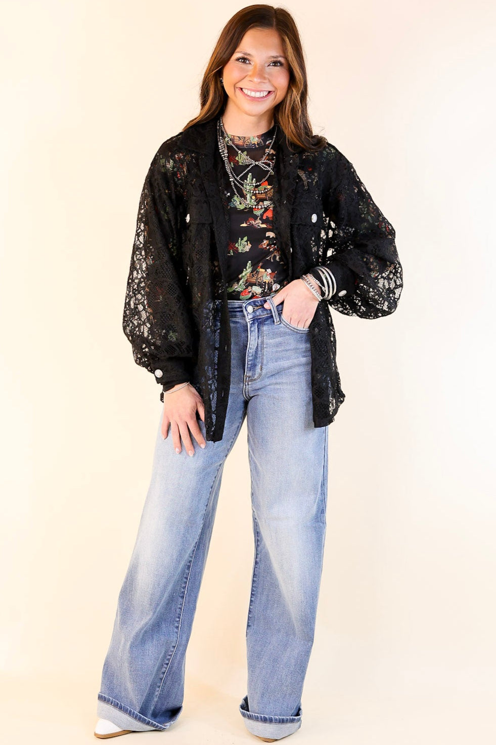 Sheer Chic Collared Button Up Lace Top in Black