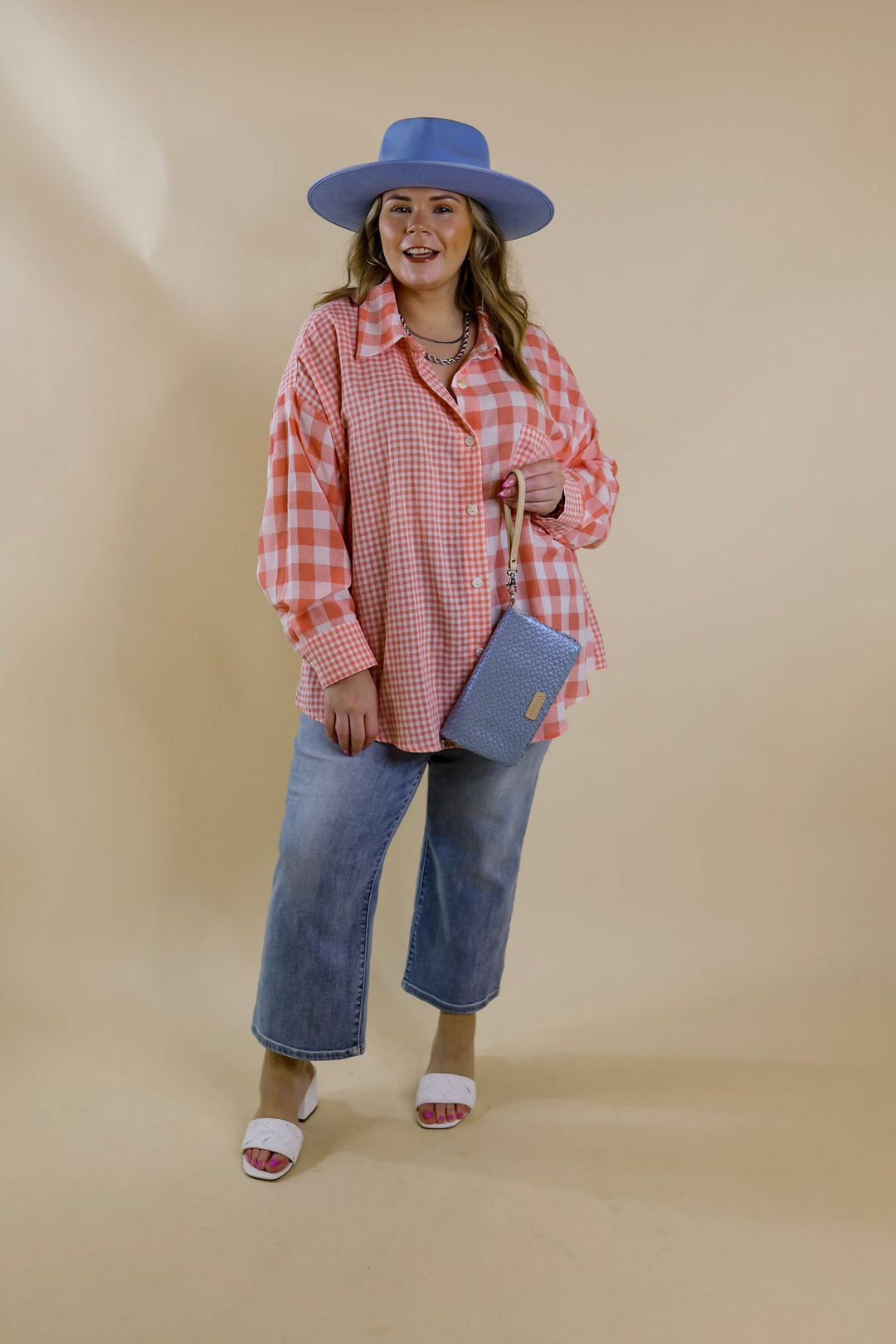 Waiting For You Mix Plaid Button Up Top in Coral Orange - Giddy Up Glamour Boutique