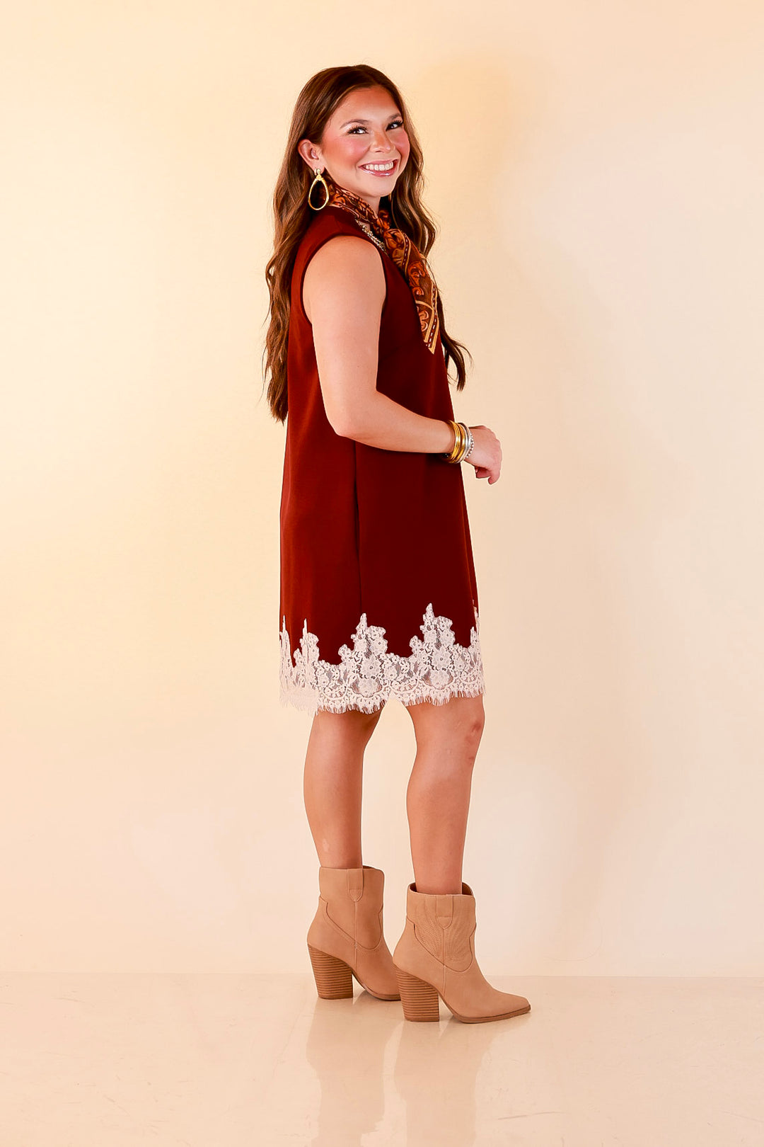 Just a Little Something Sleeveless Knit Mini Dress with Lace Trim in Maroon