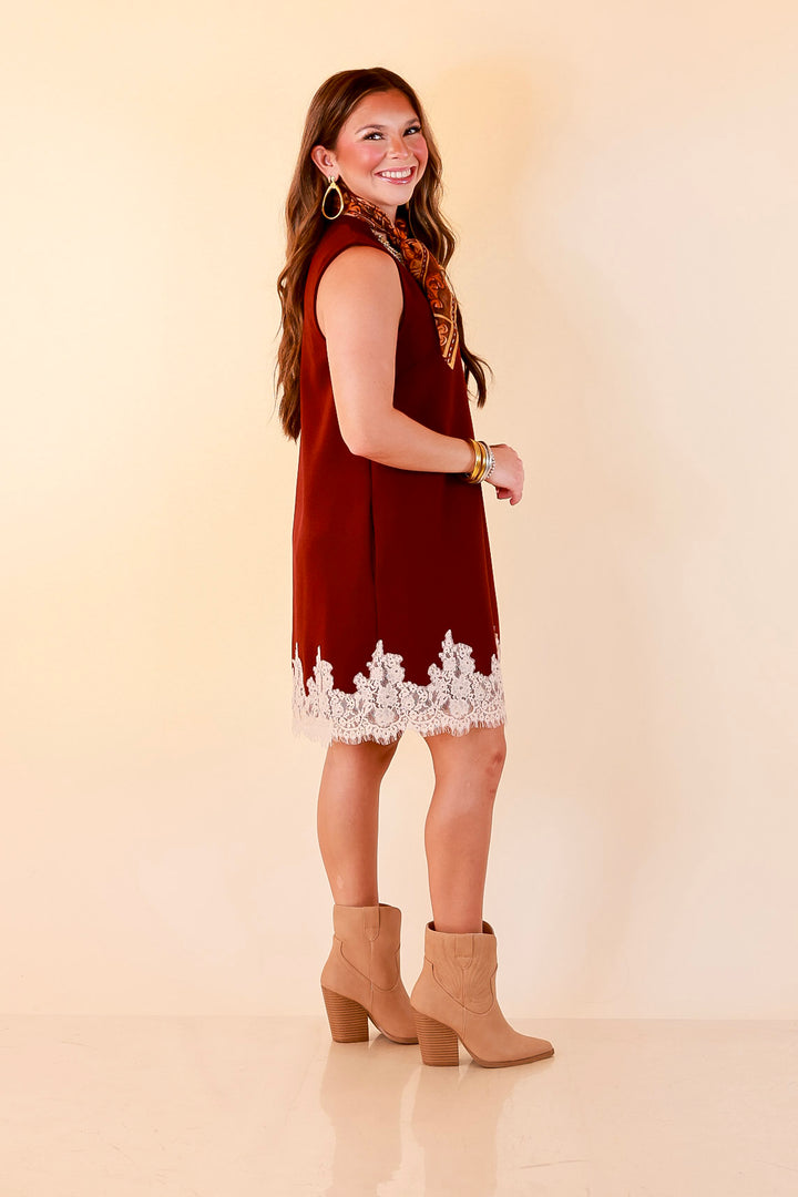 Just a Little Something Sleeveless Knit Mini Dress with Lace Trim in Maroon