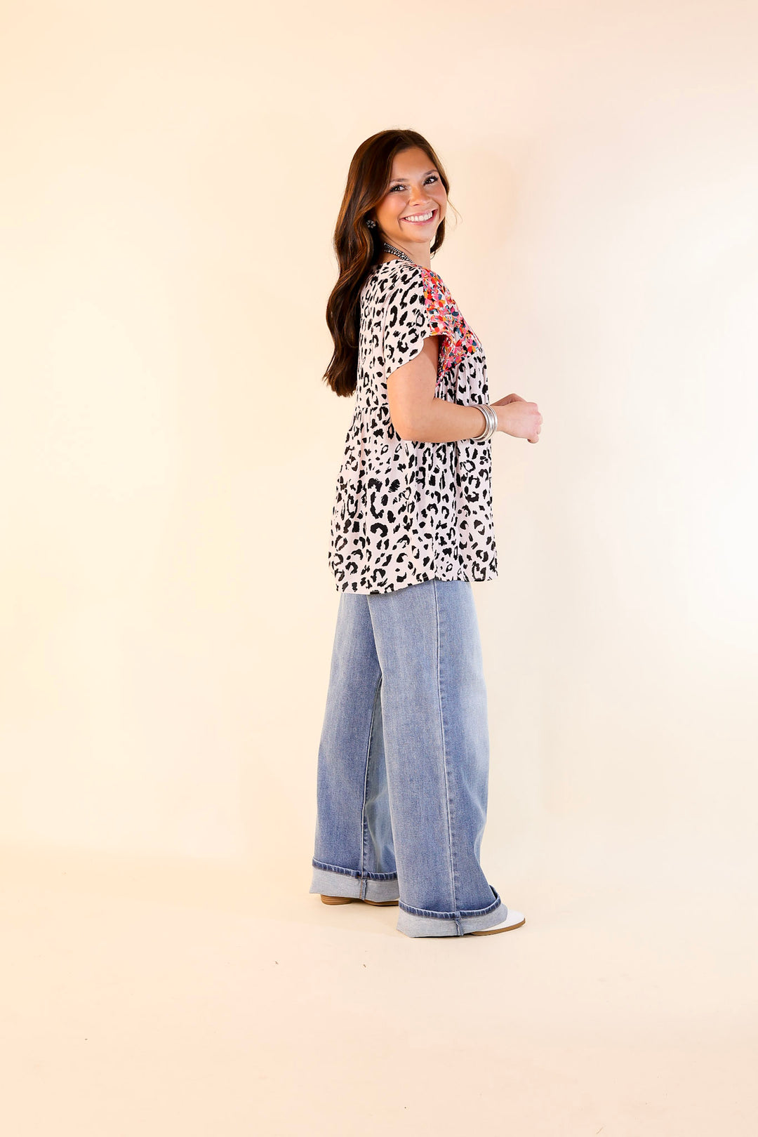 Fredericksburg In the Spring Leopard Print Embroidered Top with Front Keyhole in Blush Pink