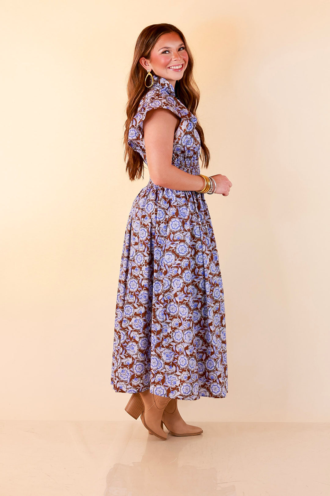 Modern Grace Zip Front Midi Floral Print Dress with Smocked Waist and Short Flutter Sleeves in Brown and Periwinkle Blue