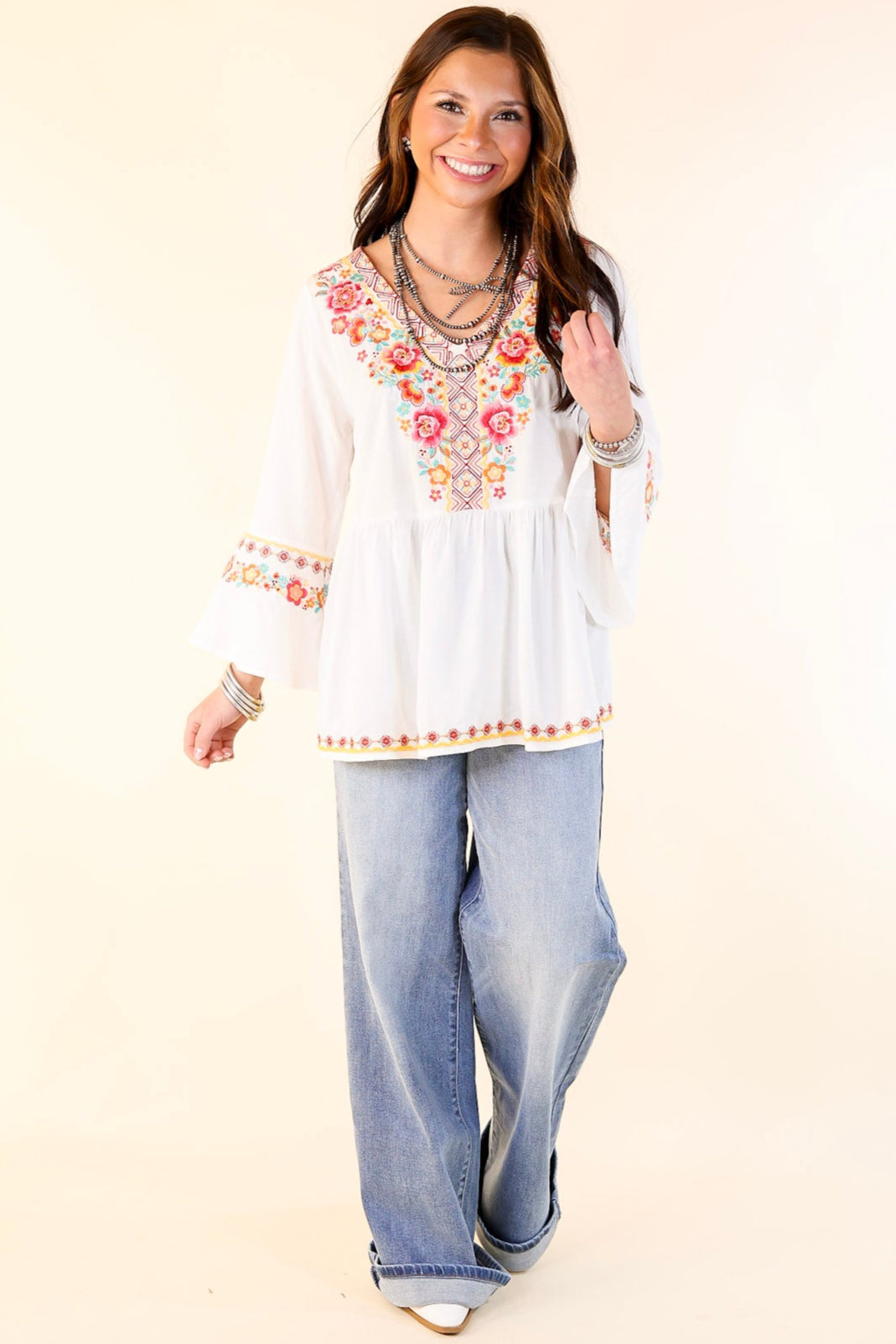 Joyous Moments 3/4 Bell Sleeve Embroidered Babydoll Top in White