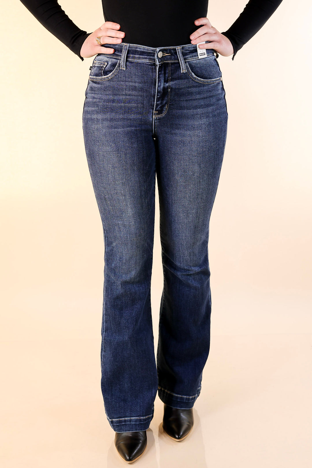 Judy Blue | Perfect Angles Flare Jean with an Angled Side Seam in Dark Wash