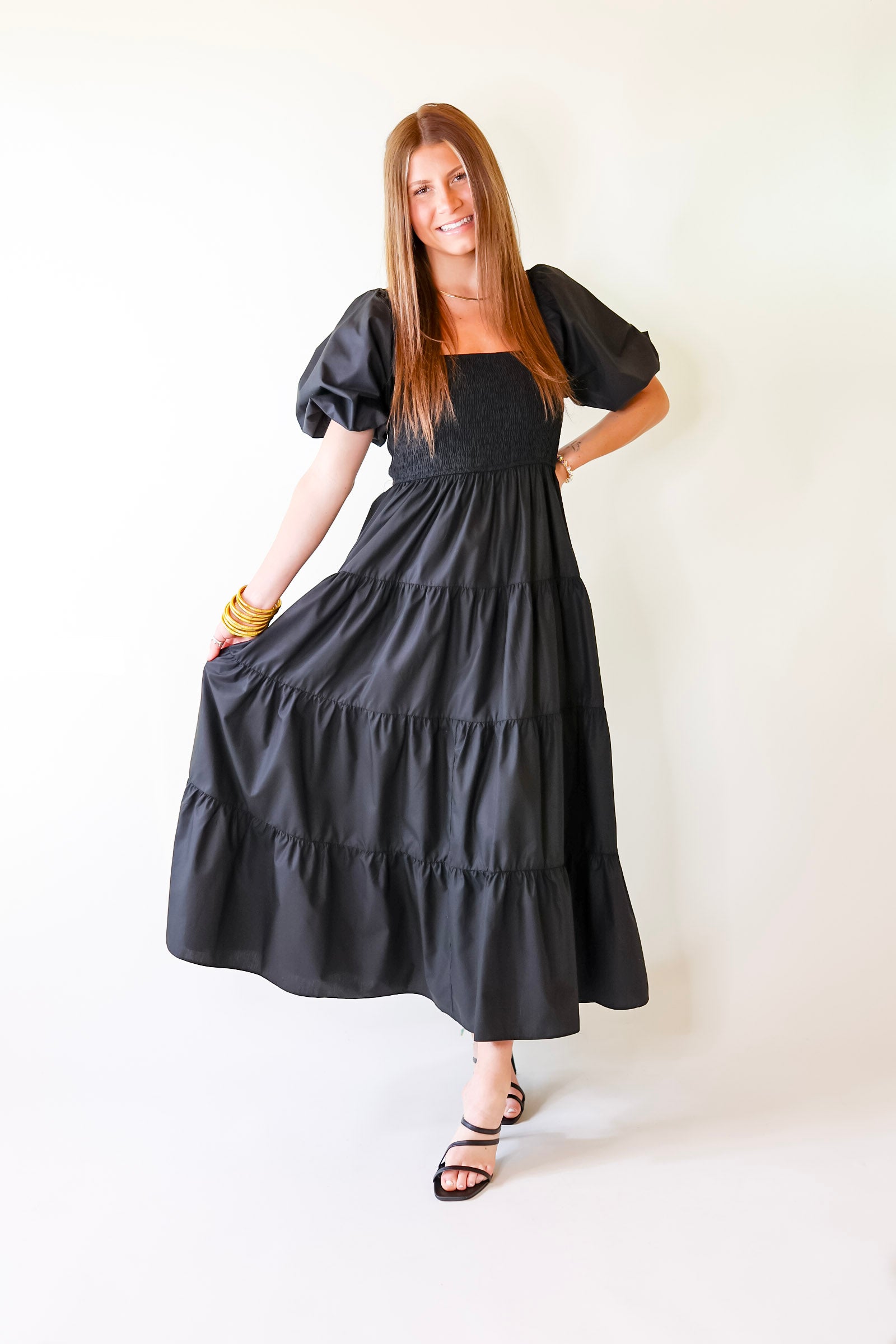 Santorini Sunshine Short Balloon Sleeve Maxi Dress in Black - Giddy Up Glamour Boutique