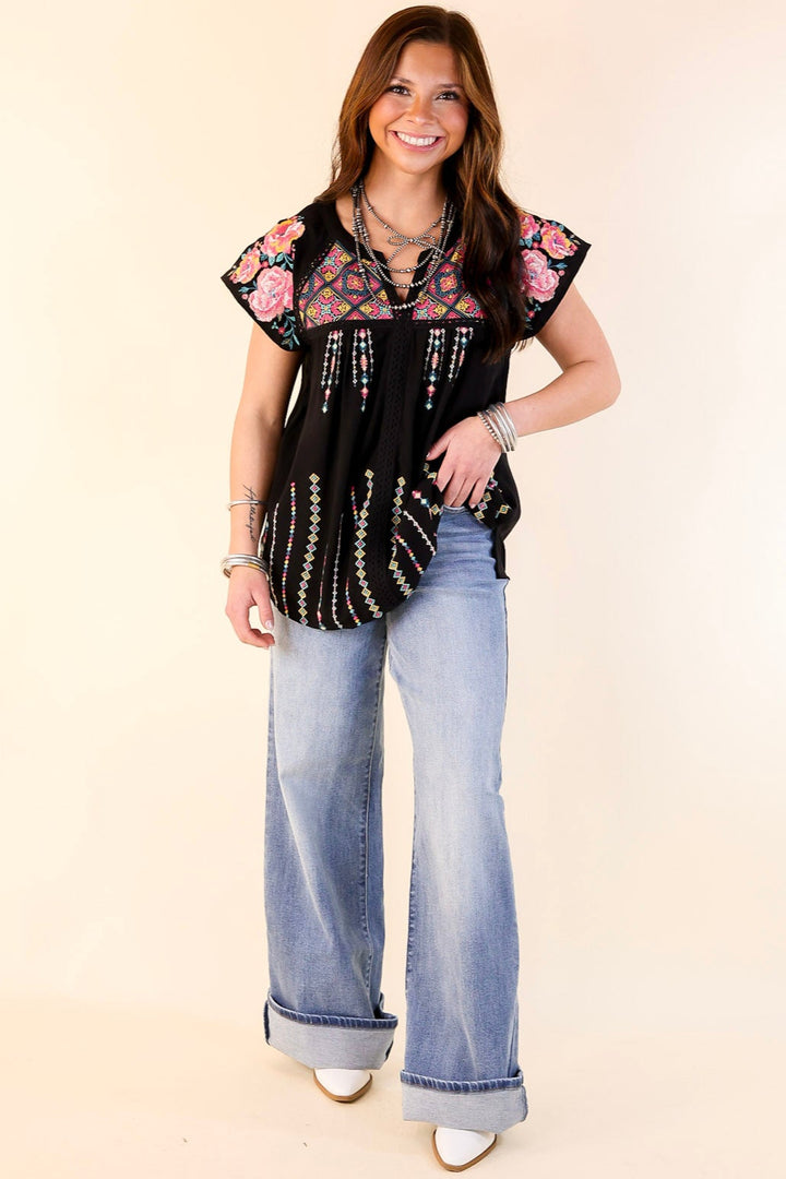 On A Journey Floral Embroidered V Notched Blouse in Black